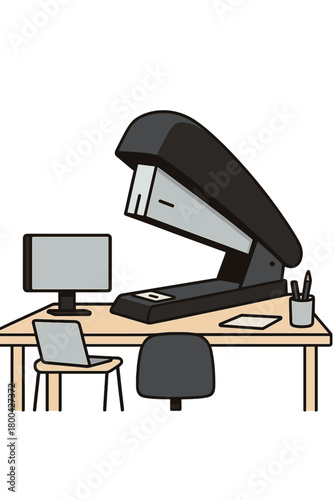 A minimalist office scene featuring a single, humorously large stapler that takes over the desk, evoking absurd efficiency, lean wit, satire, clean design, and amusing stationery