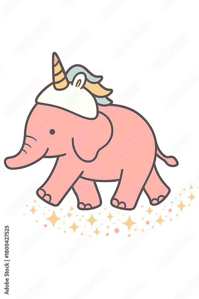 Naklejka premium A pink elephant dons a unicorn hat while strolling across glitter
