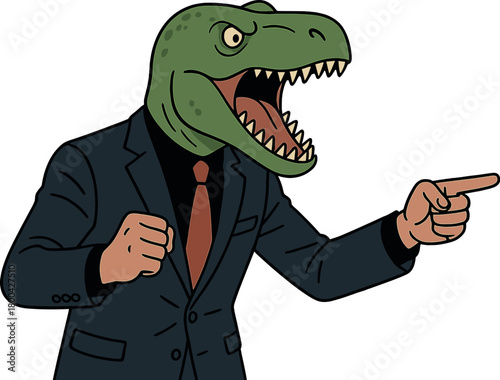A funny, humorous speaker or an aggressive, confident businessman wearing a cute dinosaur head mask in a formal office suit, portrayed as an animal boss delivering a determined and forceful speech