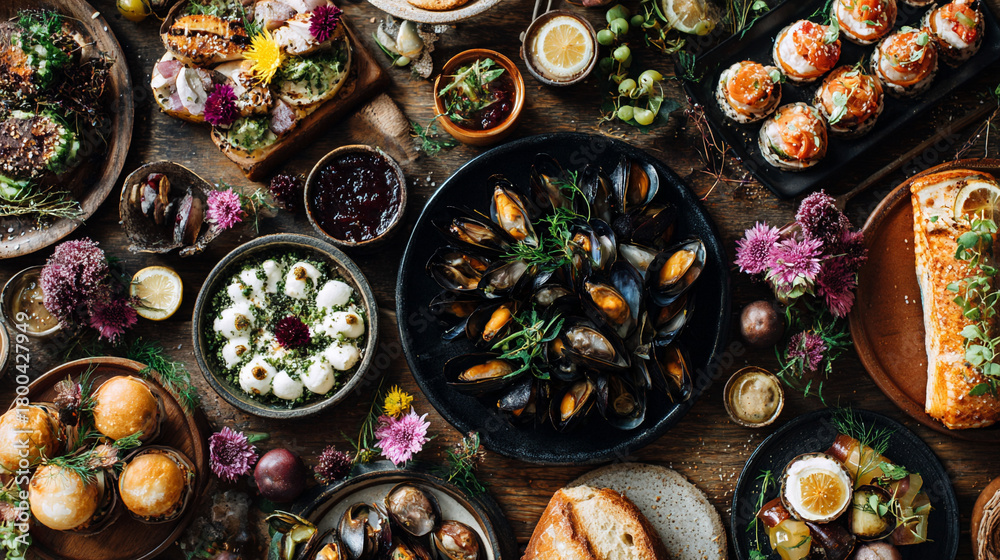 Fototapeta premium Table filled with beautifully arranged tasty food featuring vibrant dishes and decorative presentation representing culinary art, feast, celebration, and gourmet dining in a rich inviting setting