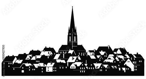Silhouette of a charming European town with a prominent church steeple against a bright white background.