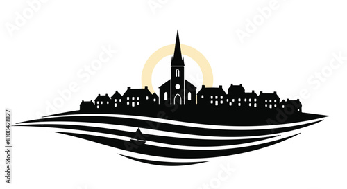 Charming village skyline with church steeple and rolling hills