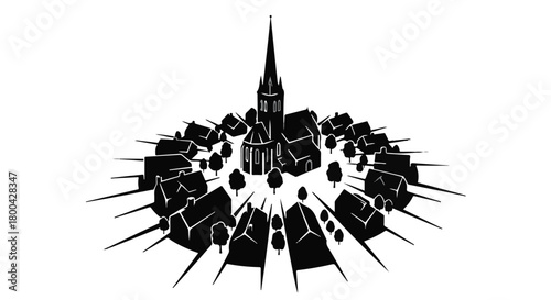 Charming village silhouette radiating outwards with a central church spire.