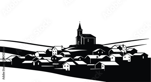 Charming village nestled on a rolling hill under a vast sky, featuring a central church spire.