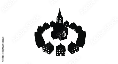 A charming miniature village encircles a central church, creating a quaint and idyllic community.