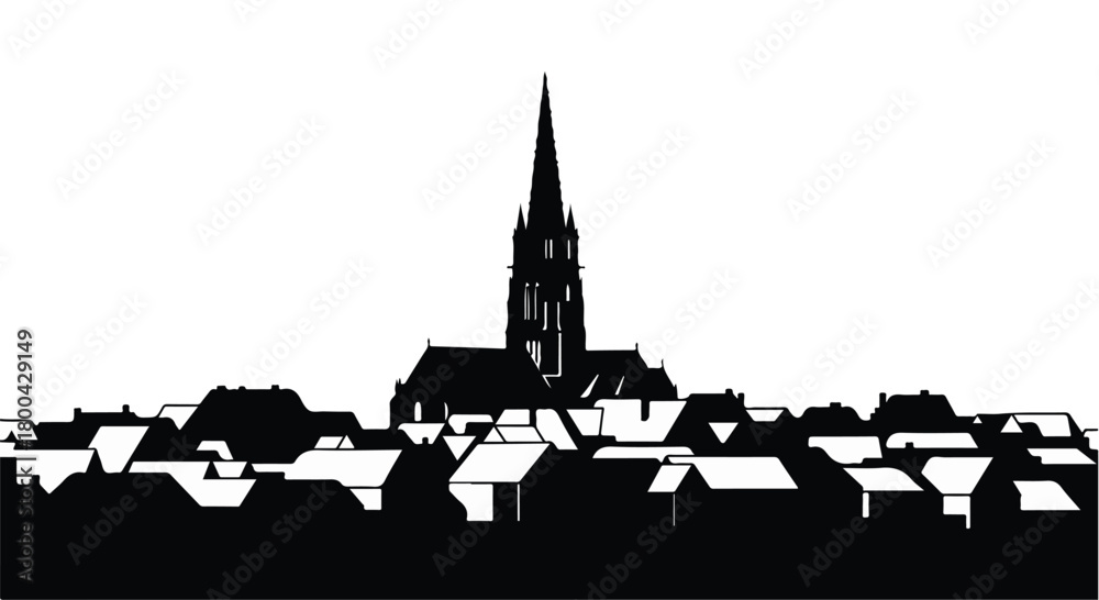 Fototapeta premium Silhouette of a quaint European village with a prominent church steeple against a bright sky