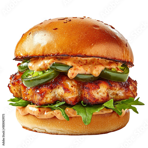 Spicy chicken burger with crisp jalapeño slices and creamy sauce