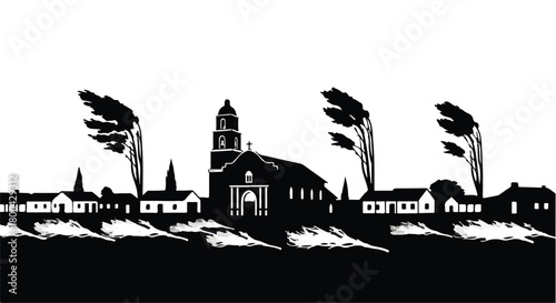 Stormy weather batters a small town with strong winds and rough seas, creating a dramatic silhouette.