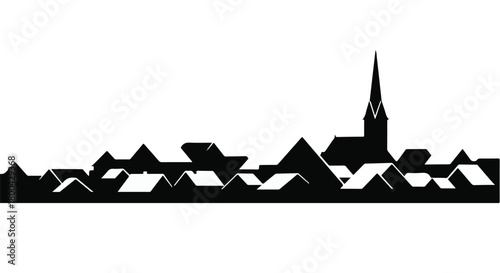 Silhouette of a charming town skyline with a prominent church steeple at dusk