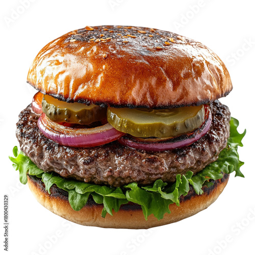 Gourmet beef burger with fresh lettuce, onions, pickles, and bun