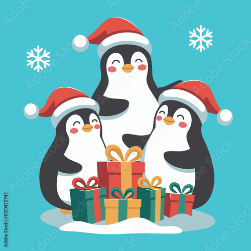 Cute illustration of Christmas penguins. Penguins in Christmas hats with gifts. Symbol of Christmas and winter. Cartoon vector illustration isolated on blue background