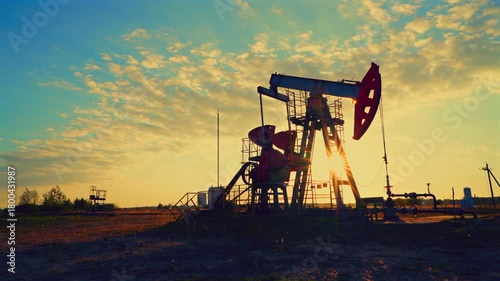 Oil Pump Jack Operates on Beautiful Sunset at Oil Field in Industrial Area. Crude pump jack working on sunrise in oil field. Oil drill rig, drilling derrick in oilfield. Crude petroleum industry. 