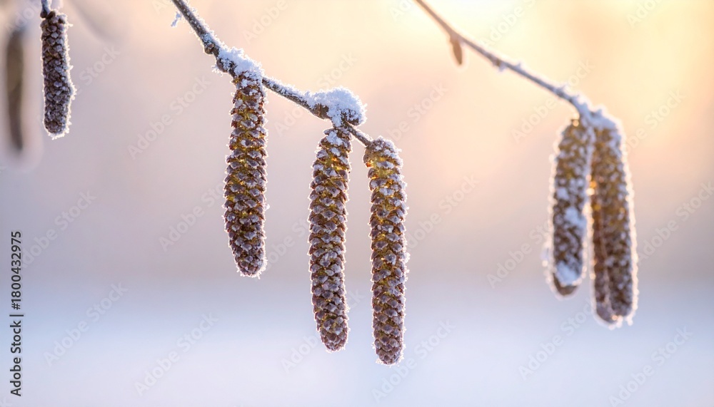 Naklejka premium 枝先の冬芽が霜に包まれ、冷たい空気の中で繊細な質感を見せる。 背景には遠くの雪景色が美しくぼけ、奥行きと冬特有の静けさが強調される。