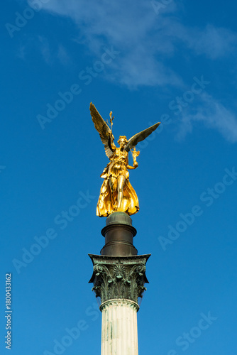 Angel of Peace Friedensengel Monument against Blue Sky. Munich, Bavaria, Germany