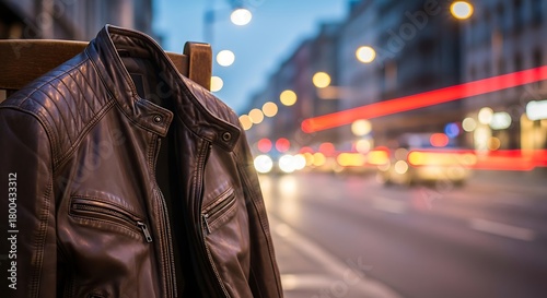 Fototapeta Naklejka Na Ścianę i Meble -  A brown leather jacket hanging on a wooden chair with a blurred city street at night behind it
