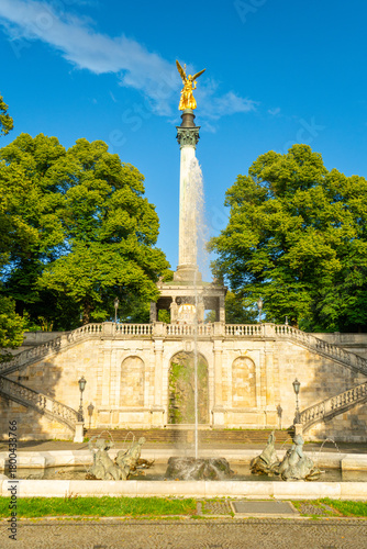Angel of Peace Friedensengel Monument and Fountain on Summer Day. Munich, Bavaria, Germany