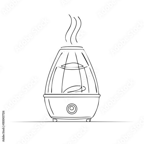 Home humidifier line art illustration with steam, air moisture technology system for clean indoor air freshness