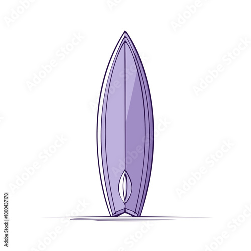 Illustration of a single purple surfboard with a dark outline, standing upright on a thin line representing the ground.
