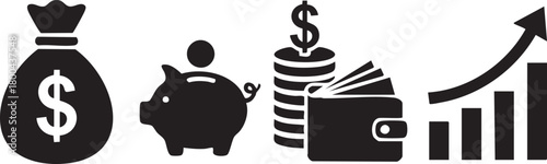 Financial icons silhouette including money bag piggy bank wallet and growth chart isolated on transparent background