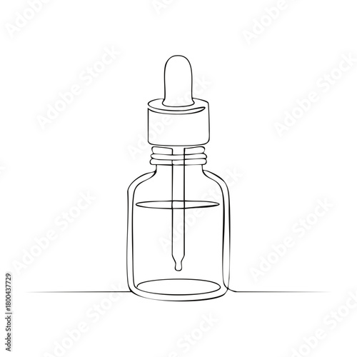 Elegant continuous line art drawing of a dropper bottle with pipette containing liquid serum or essential oil