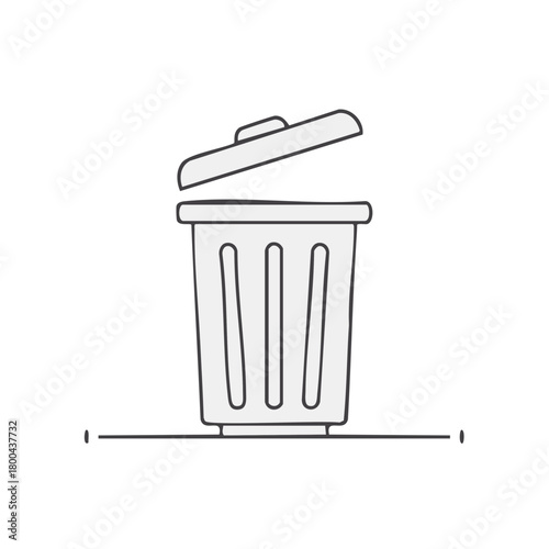 Line art illustration of a gray trash can with open lid for waste disposal or deletion