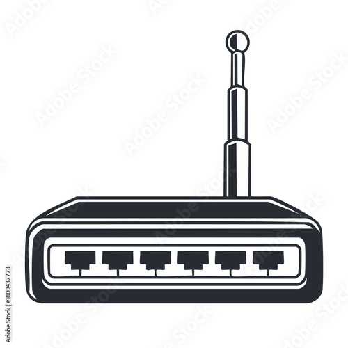 Black and white illustration of a wireless router with an antenna.