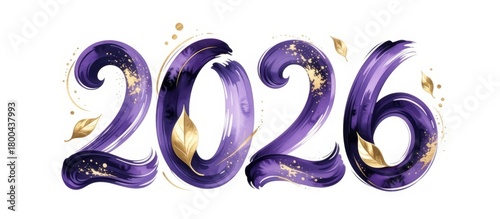 Watercolor 2026 year in purple with golden colors on the white background