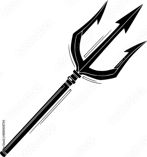 Stylized trident illustration with black detail against a light background.
