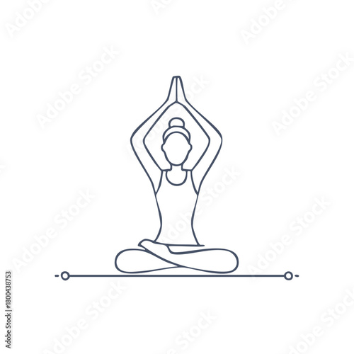 Minimalist line art of a woman meditating in a lotus position with arms raised and hands pressed together above her head.