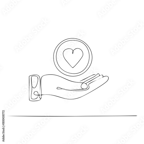Single line drawing of a hand holding a coin with a heart symbol inside representing love charity and kindness
