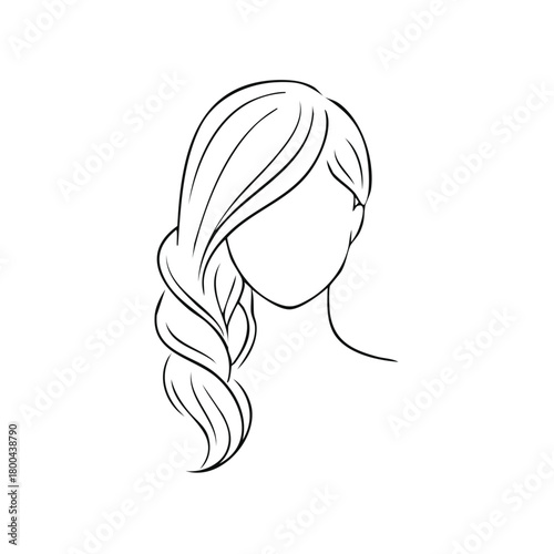 Vector line art silhouette of a woman with elegant long braided hair flowing over her shoulder