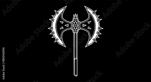 Intricate white double axe emblem with spiked head on dark background.
