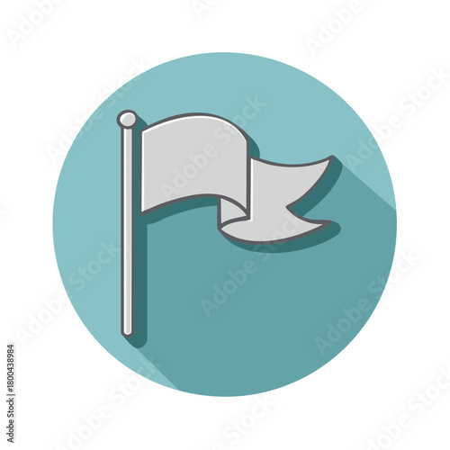 Icon illustration of waving flag on a flag pole, grey flag on blue background