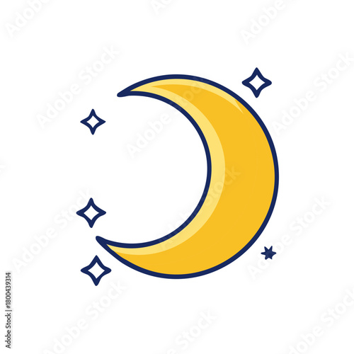 Simple graphic illustration of a golden crescent moon and several small stars