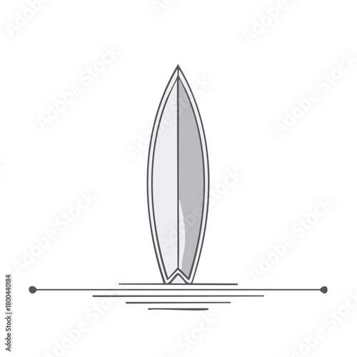 Stylized surf board standing upright on simplified water ripples with decorative line detail