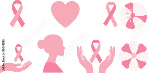 Pink Ribbon Icons Representing Breast Cancer Awareness and Support - A Collection of Symbols for Health Campaigns