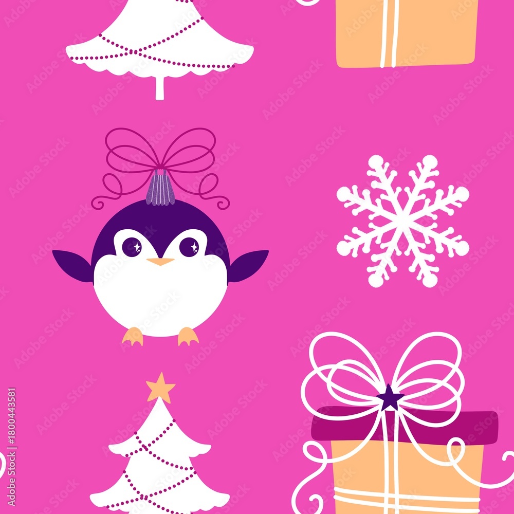 Fototapeta premium Christmas animals seamless penguin pattern for wrapping paper and fabrics and kids print