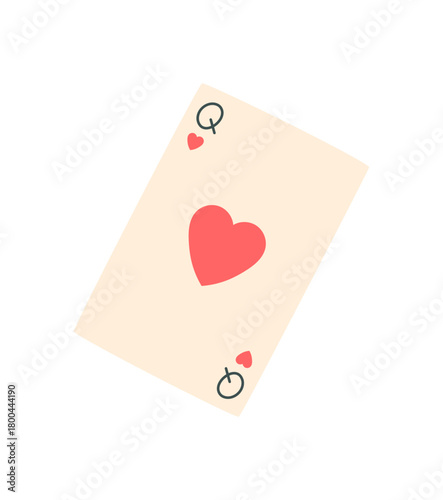 Flat style poker card with heart symbol. Queen of hearts playing card template in isolated layout on table. Recreation and strategy concept for casino or boardgame use.