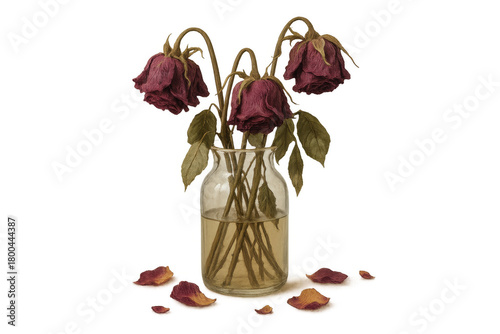 Wilted roses in vase showing decay and loss, dried petals on ground, transparent background, still life