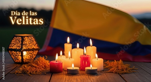 Colombian Day of Little Candles, Eve of Immaculate Conception, Blessed Virgin Mary ceremony, burning vigil lights, decorative lantern, evening twilight, wooden surface, cultural tradition.