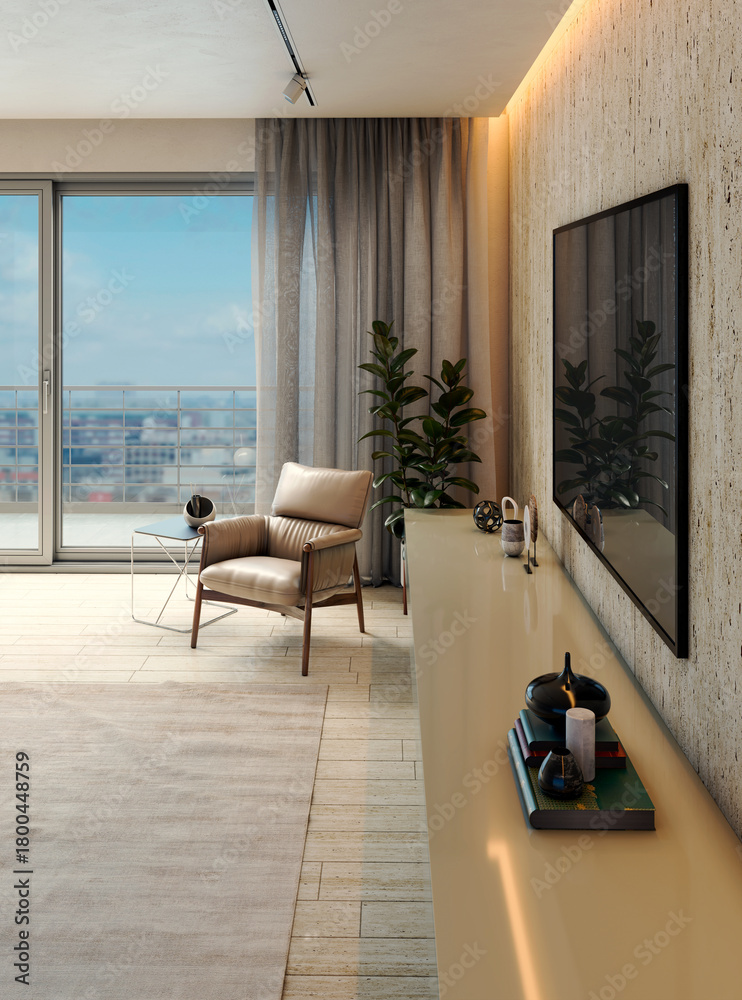Naklejka premium Large luxury modern bright interiors Living room mockup illustration 3D rendering image