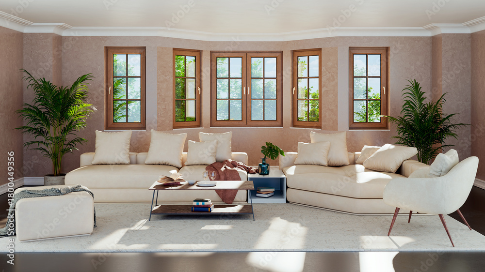 Naklejka premium Large luxury modern bright interiors Living room mockup illustration 3D rendering image