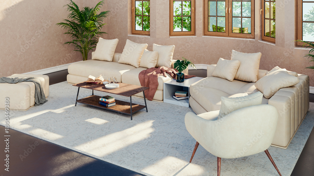 Fototapeta premium Large luxury modern bright interiors Living room mockup illustration 3D rendering image