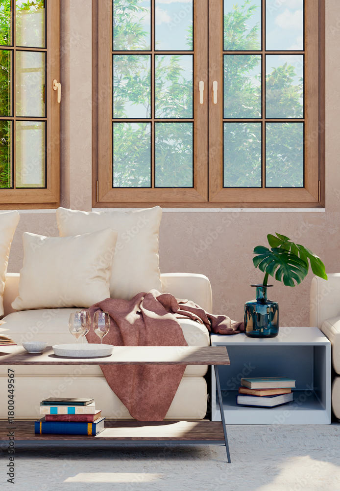 Naklejka premium Large luxury modern bright interiors Living room mockup illustration 3D rendering image