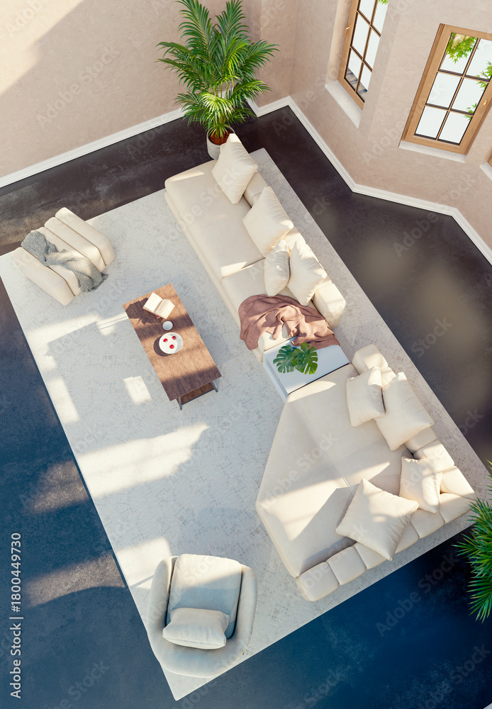 Naklejka premium Large luxury modern bright interiors Living room mockup illustration 3D rendering image