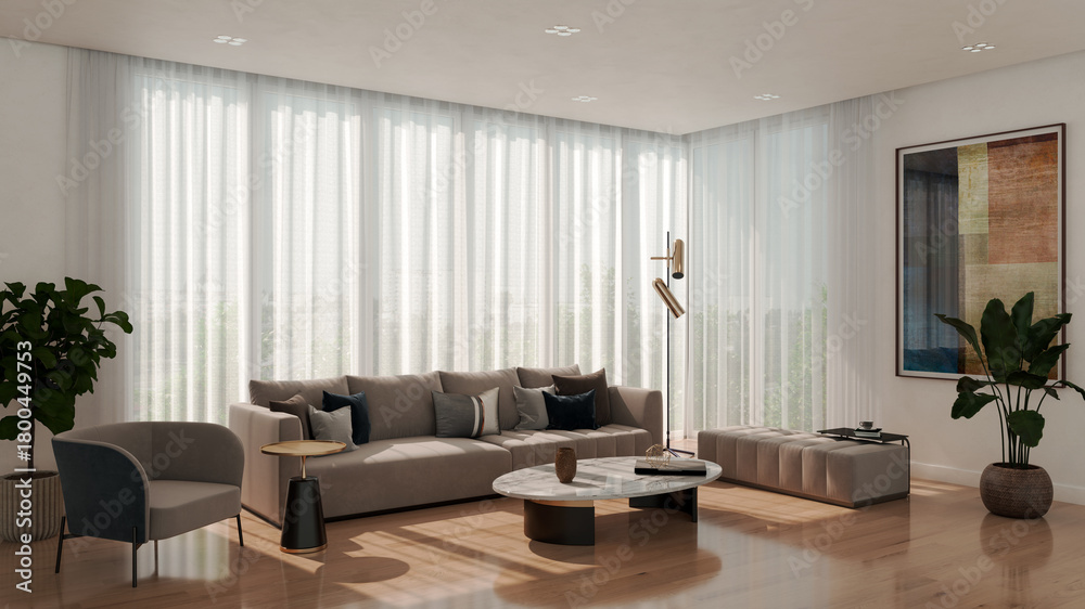 Naklejka premium Large luxury modern bright interiors Living room mockup illustration 3D rendering image