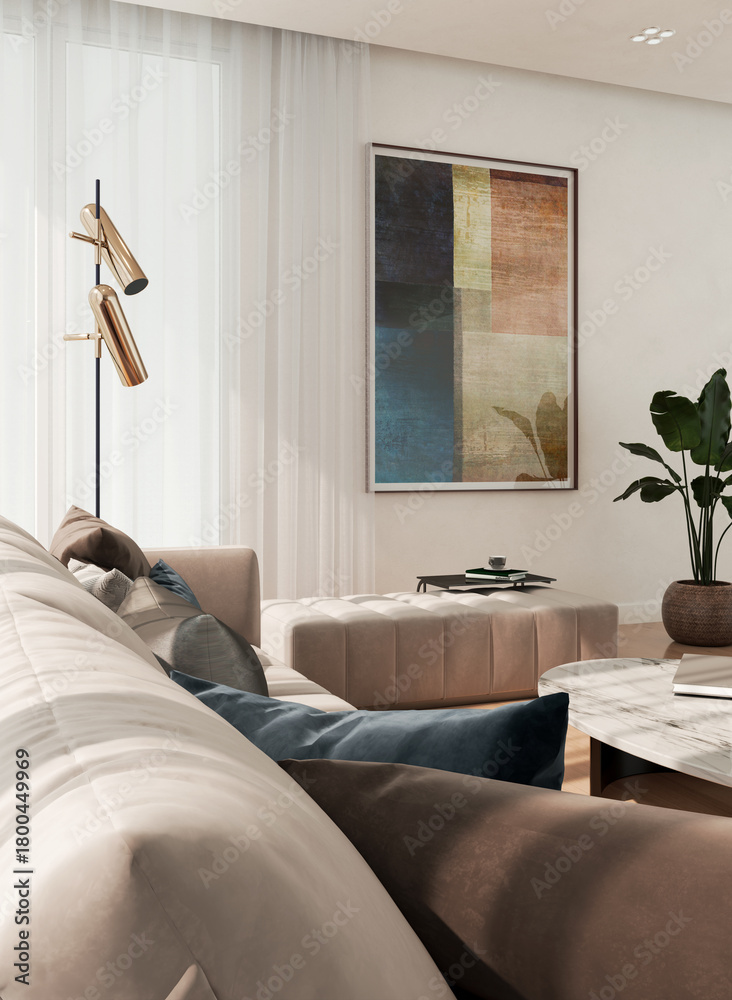 Naklejka premium Large luxury modern bright interiors Living room mockup illustration 3D rendering image