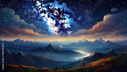 a vast dark night sky filled with countless stars above a serene mountainous landscape