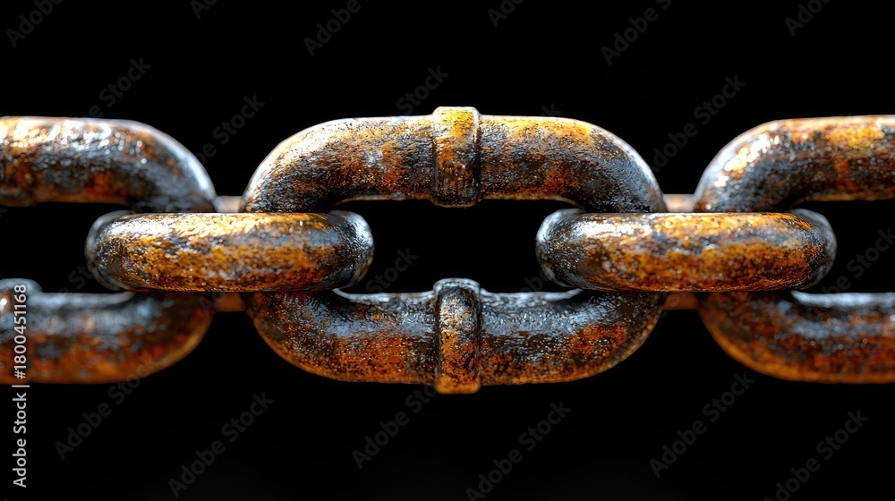 Fototapeta premium Close-up of a Rusty Metal Chain on a Black Background.