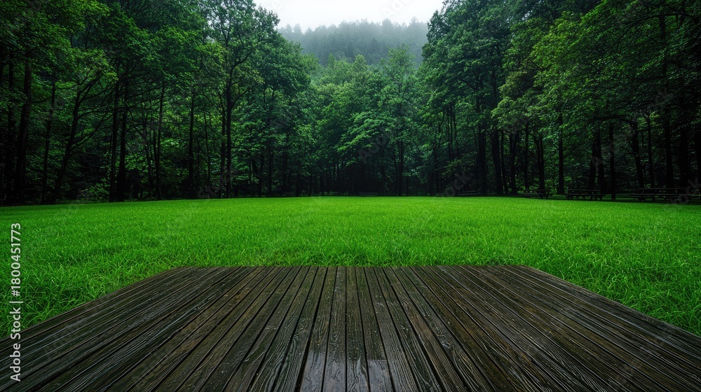 Fototapeta premium Lush Green Meadow Surrounded by Dense Forest with Wooden Path.